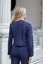 Women's Stretchy Suede Fabric Zero Collar Flato Pocket Long Sleeve Blazer Jacket-Navy Blue - 6