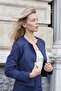 Women's Stretchy Suede Fabric Zero Collar Flato Pocket Long Sleeve Blazer Jacket-Navy Blue - 8