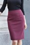 Lined High Waist Below the Knee Lightweight Lycra Slit Fabric Office Pencil Skirt-Claret Red - 5