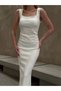 Women's Ecru Square Neck Strap Bodycon Ribbed Maxi Dress with Side Slit and Corsage Detail
