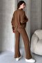 Brown Ribbed Knit Pants Bomber Jacket Women's Top and Bottom Set - 5