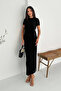 Women's Black Belted Slit Midi Dress – Short Sleeve & Stylish Design - 3