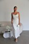 Ecru White 3D Flower Detailed Degaje Collar Midi Length Premium Satin Dress - 3