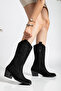 Dallaws Mid-Heeled Western Style Women's Black Embroidered Cowboy Black Suede Boots - 3