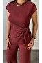 Equri̇ Women's Short Sleeve Crew Neck Side Tie Wrap Blouse and Pants Two-Piece Set