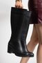Oval Toe Side Zipper Leather Look Heeled Women's Black Boots 7cm Heel - 2