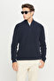 Men's Navy Blue Cotton Zippered Bato Collar Jacquard Standard Fit Regular Cut Knitwear Sweater