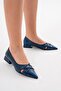 Golden Heell Navy Blue Printed Patent Leather 2 cm Heel Pointed Toe High-Heeled Ballet Flats - 4