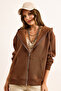Women's Brown Hooded Zippered Oversized Hooded Sweatshirt Swt-19000718 - 6