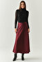 High Waist Grosgrain Detailed Satin Regular Midi Skirt with Side Zipper