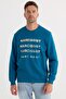 Unisex Oversize Cotton Soft Textured Crew Neck Printed Turquoise Sweatshirt with Fleece Inside - 4