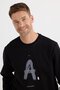 Unisex Relax Fit Relaxed Cut Cotton Soft Textured Crew Neck Underwear Fleece Printed Black Sweatshirt