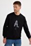 Unisex Relax Fit Relaxed Cut Cotton Soft Textured Crew Neck Underwear Fleece Printed Black Sweatshirt - 4