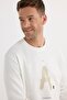 Unisex Relax Fit Comfortable Cut Cotton Soft Textured Crew Neck Underwear Fleece Printed Ecru Sweatshirt - 2