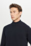 Men's Navy Blue Cotton Standard Fit Regular Cut Half Turtleneck Knitwear Sweater - 4