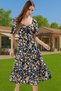 Women's Midi Length A-Line Viscose Dress Floral Pattern Balloon Sleeve Daily Use Modern Design - 3