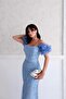 Baby Blue Balloon Sleeve Detailed Sequin Embroidered Strapless Evening Dress - 4