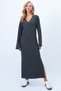 Women's Anthracite Self Textured V Neck Double Slit Maxi Size Dress Alc-X14401