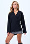 Women's Black Double Breasted Collar Asymmetric Cut Button Detailed Kimono Jacket Alc-X14411 - 2