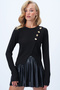Women's Black Crew Neck Cross Button Detailed Slit Ottoban Blouse Alc-X14340