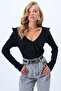 Women's Black V-Neck Flounced Soft Textured Blouse Alc-X14364 - 5