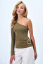 Olive Green Draped Waist Single Sleeve Sandy Blouse with Accessory Detail Alc-X14414