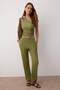 Green Textured Seersucker Asymmetrical Single Sleeve Stretch Knitted Bottom - Top Set Twoss25Au00129