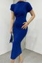 Women's Cobalt Blue Sandy Fabric Gathered Design High Neck Short Sleeve Midi Dress 12470 - 5