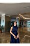 Elya Navy Blue Midi Length Sleeveless Flared Skirt Satin Evening Dress - 3