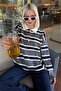Anthracite Striped Buttoned Polo Neck Women's Knitwear Sweater Mg2280 - 5