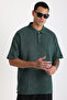 Washed Double Pique Fabric Men's Polo Neck Loose Fit T-Shirt with Tumbled Effect - 7