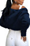 Navy Blue Women's Crop Zipper Hooded Sweatshirt - 4
