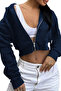 Navy Blue Women's Crop Zipper Hooded Sweatshirt