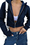 Navy Blue Women's Crop Zipper Hooded Sweatshirt - 3