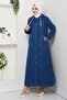 Women's Buttoned Hooded Denim Dark Blue Trench Coat with Pockets - 3