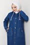 Women's Buttoned Hooded Denim Dark Blue Trench Coat with Pockets - 4