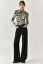 Regular Wide Leg Black Denim Trousers with Stone Detail Pockets - 5