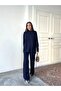 Women's Half Turtleneck Sweater Pants Bottom Top Knitwear Set - Navy Blue (New Color)