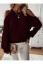 Women's Casual Hair Knitted Off Shoulder Crew Neck Winter Knitwear Sweater Burgundy - 6