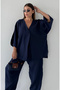 Modal Women's Navy Blue Kimono Set - Single Button Closure, Relaxed Fit Double Set, Casual & Office Chic - 3