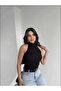 Women's Black Halter Neckline Backless Halter Neck Seersucker Textured Summer Crop Blouse