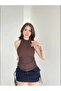 Women's Brown Halter Neckline Backless Halter Neck Seersucker Textured Summer Crop Blouse - 2