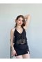 Women's Black Halter Neck Halter Neck Tie-Detail Open Back Ruffle Sheer Lace Cropped Blouse - 3