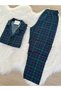 Green Plaid Patterned Suede Shirt Collar Long Sleeve Pajama Set - 4