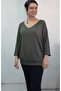 Khaki Green V-Neck Bat Three-Quarter Sleeve Combed Viscose T-Shirt - 8