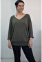 Khaki Green V-Neck Bat Three-Quarter Sleeve Combed Viscose T-Shirt - 6