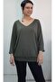 Khaki Green V-Neck Bat Three-Quarter Sleeve Combed Viscose T-Shirt - 3