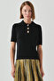 Shirt Collar Button Short Sleeve Slim Fit Knitwear Blouse