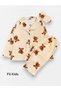 Mother-Daughter Cotton Fabric Suede Beige Teddy Bear Patterned Sleepwear Set with Band Collar and Sleeves - 2