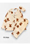 Boy's Cotton Fabric Suede Beige Teddy Bear Patterned Sleep Banded Shirt Collar Pajama Set - 2